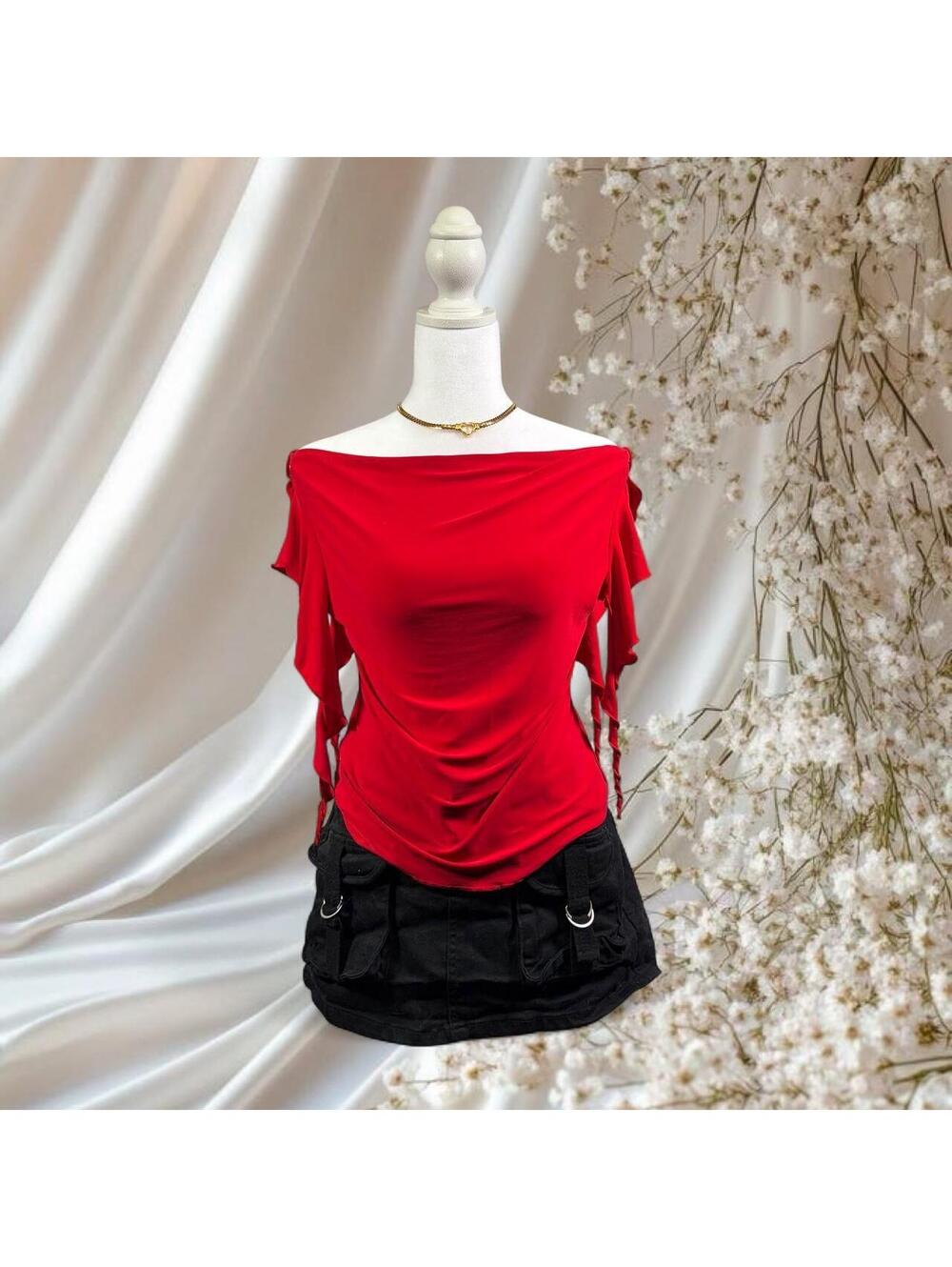 AMERICAN CITY WEAR OFF SHOULDER RUFFLE TOP RED
